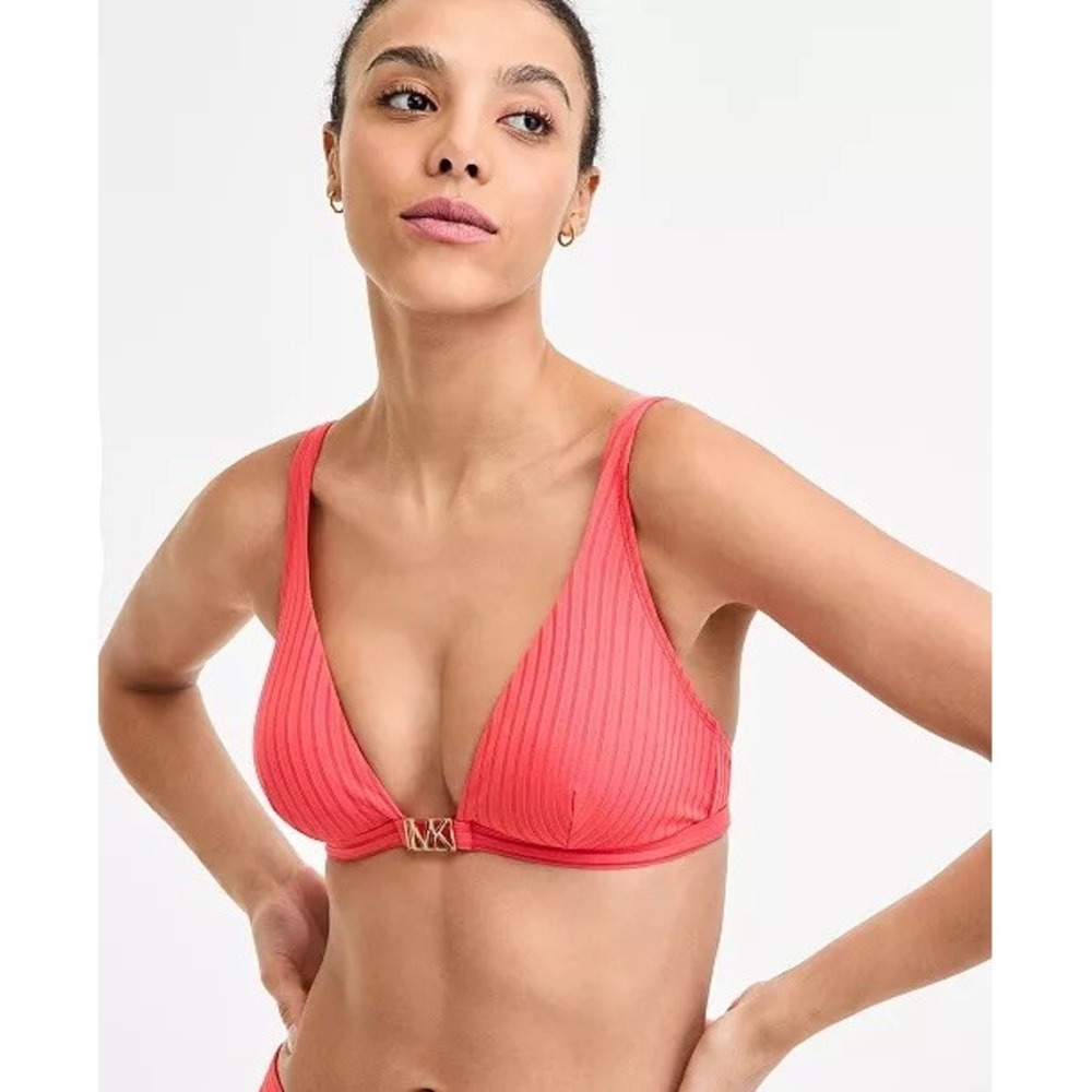 NWT Michael Kors Bikini Top Women Sangria Red Small Ribbed MK Logo Hardware